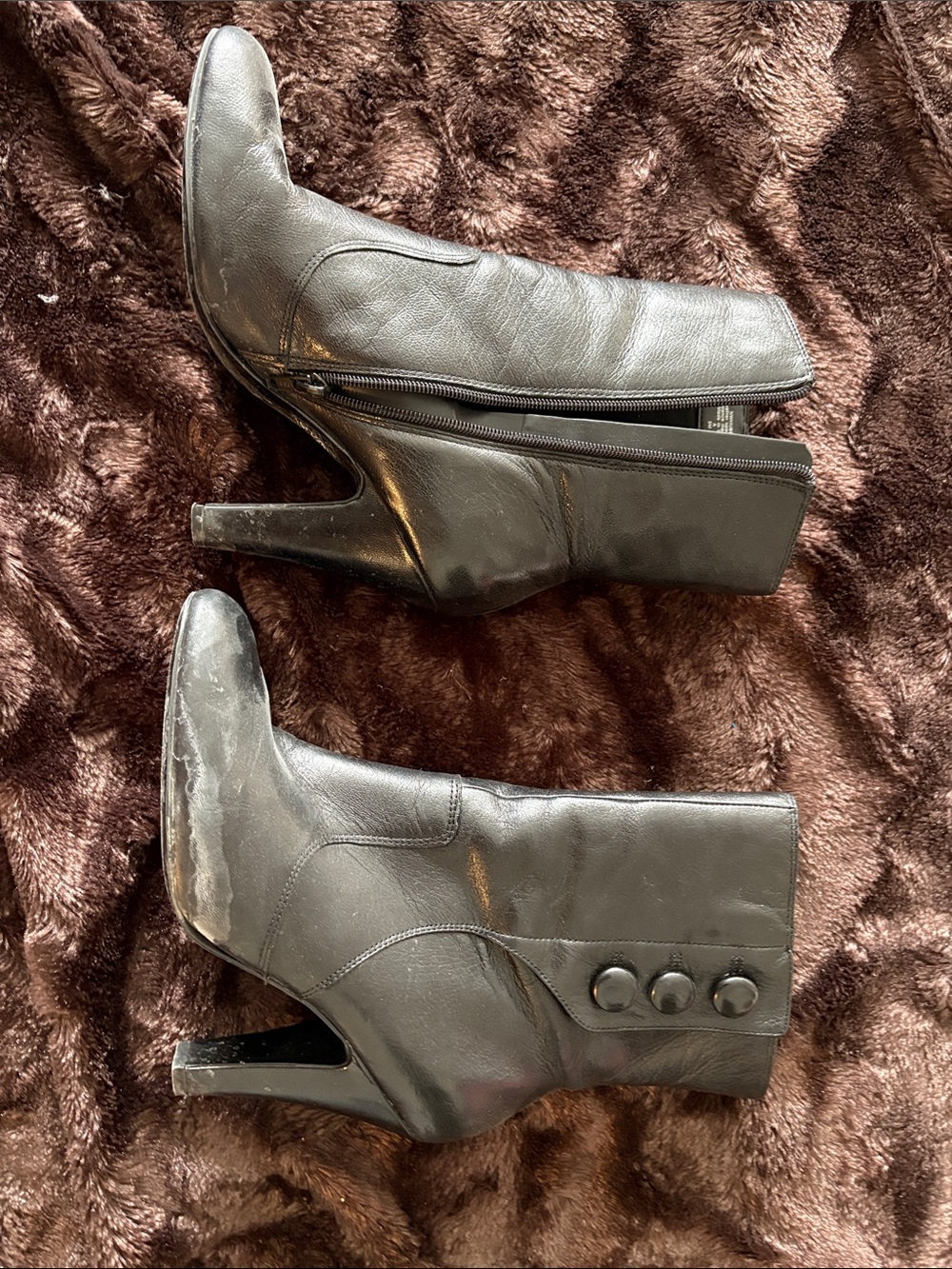 Nine West Black Leather Heeled Ankle Boots with Button Detail